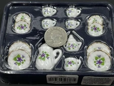 Dollhouse Miniature Tea Set Violet Green 17 pc Teapot Plates 1:12 inch scale F83