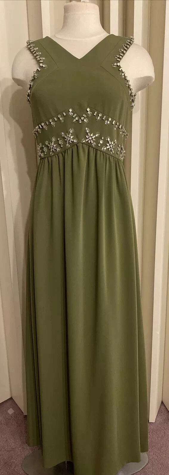Abito nuovo senza etichette $1795 TORY BURCH 'LUISA' impreziosito ritagliato dietro colline verde taglia 2