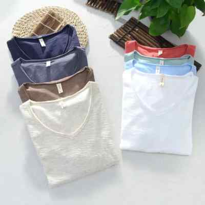 Thin Casual Short Sleeve Mens Classic Fit Cotton V-Neck T Shirts Breathable Tee