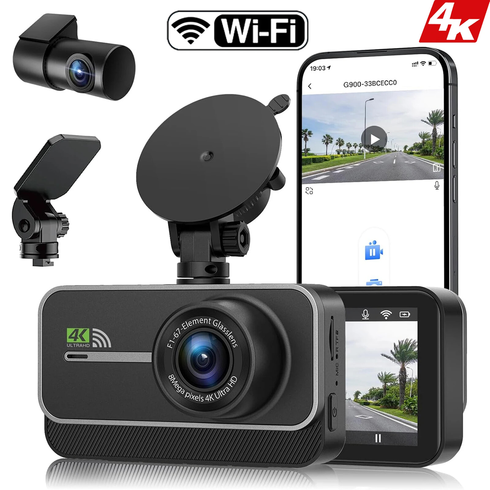 Car Dash Cam 4K WIFI Camera Front and Rear Dash Camera 24H Parking Recorder