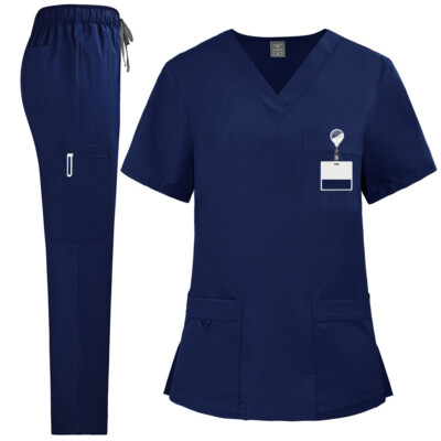 2pcs/set Medical Uniform Nursing Scrub Men Women V-Neck Straight Multi-pocket
