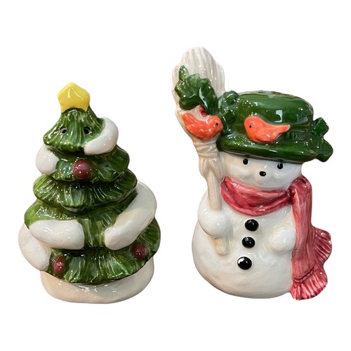 Gibson Greeting Otagiri Ceramic Snowman Christmas Tree Salt Pepper Shakers READ - Foto 1 di 12