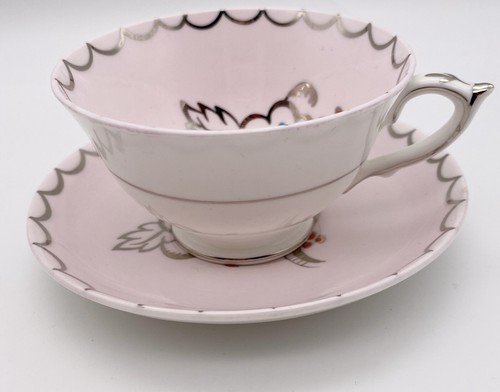 Paragon Abstract Floral Flower Pink Teacup & Saucer White Silver Unusual HTF - Picture 4 of 10