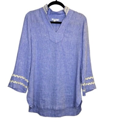Chico's Women s Embroidered 100% Linen Tunic Size  0 U.S.  XS 4 Light Blue