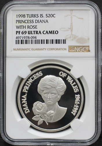 Turks & Caicos Islands 1998 Diana Princess Wales Rose 20 Crown Silver Coin NGC69