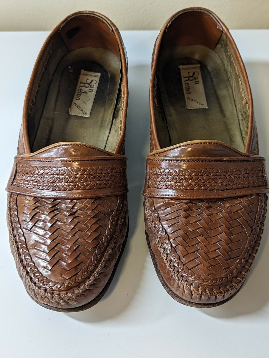 San Remo Platinum Brown Loafer Leather Weave Sz 10.5W Made 