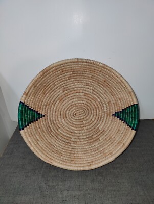 Woven Coil Basket 10  x  3 1/2   Natural with Purple & Green