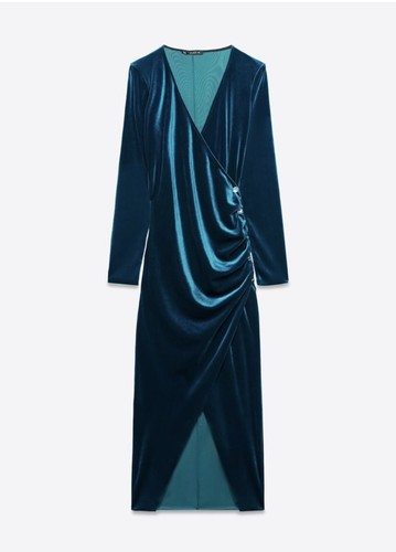 ZARA BLAU Samt Midi Langarm KLEID Small UK 8 NEU - Bild 18 von 24