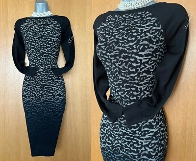 Karen Millen KM2 Strick Bodycon Kleid Schwarz Grau Animalprint Langarm, Rundhals - Bild 1 von 4