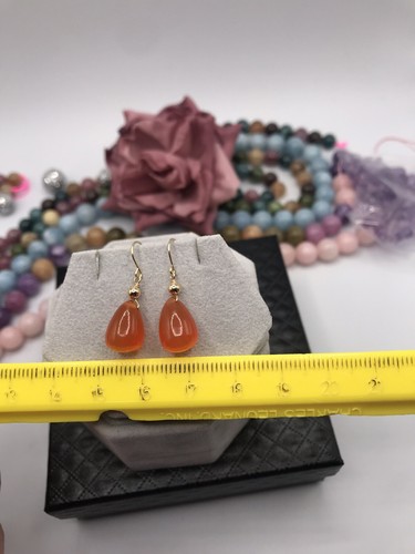 14K Gold Orange Tangerine Carnelian Earrings Dangle Natural Briolette 14mm - Picture 7 of 9