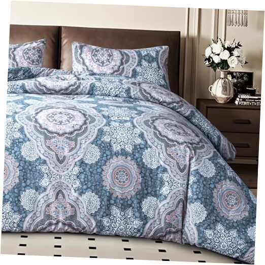 Damask Size Comforter Set, 3 Pcs Cotton Comforter Set with Queen Foggy Blue