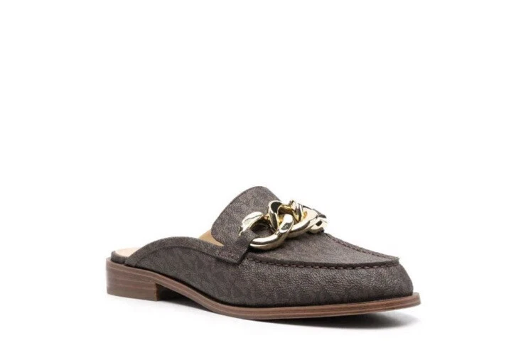 Mocassim Michael Kors Scarlett corrente slip on mules marrom logotipo Canva tamanho 7.5