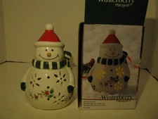 Pfaltzgraff Winterberry Snowman with LED light 5.5 in. with Green Scarf Red Hat