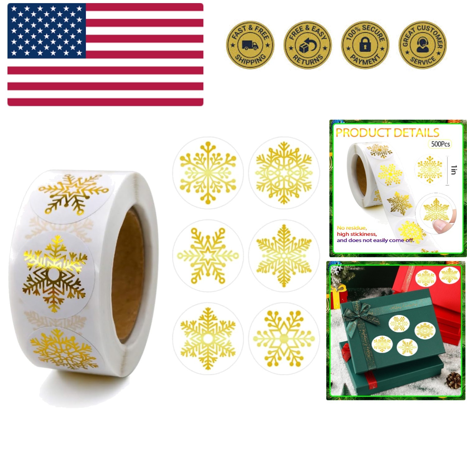 500Pcs Christmas Stickers Roll for Cards 6 Designs Gold Foil Snowflake Sticke...