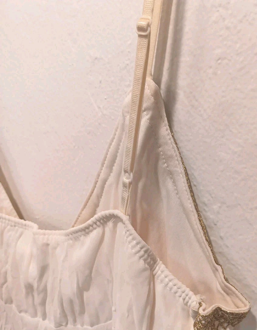 Vtg Y2K Wet Seal L Camisole Top Ivory Pleats Gold Trim Fairy Whimsical Asymetric