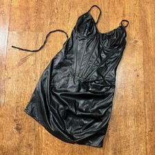PrettyLittleThing Black Faux Leather Corset Dress Laced Back Goth Vampire Sz 4