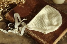 Vintage 1950s Baby Bonnet, Winter White Knit with Ribbon Ties, Infant Hat or Cap