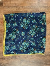 Women's Allover Blue Green Floral Embroidered Trim Sheer Square Scarf Navy 40"
