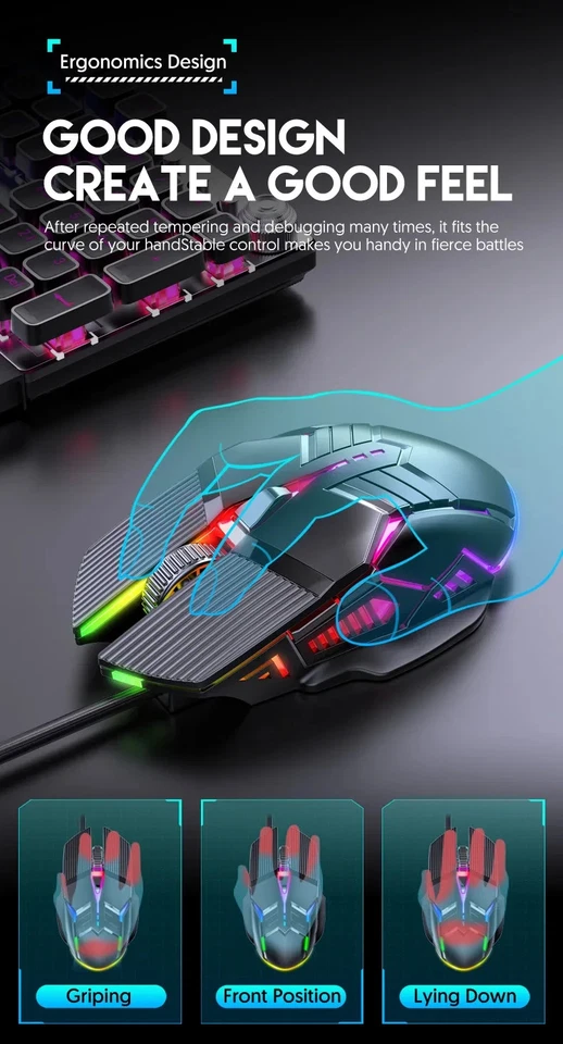 New 3200DPI Ergonomic Wired Gaming Mouse USB Silent Mouse With LED Lights - Image 4 of 4