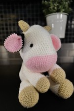 Handmade Crochet Cow Plush Stuffed Animal Black White Pink Sitting Farm Toy 15