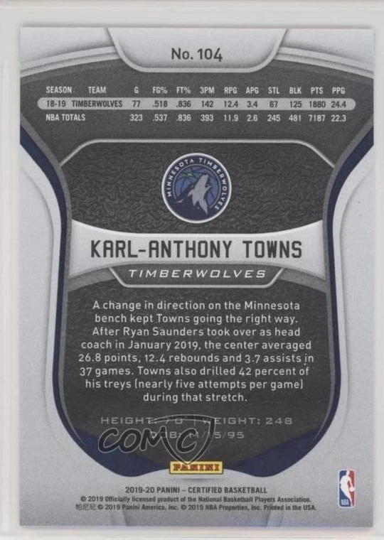 2019-20 Certified Mirror Gold /10 Karl-Anthony Towns #104 - Image 2 of 2
