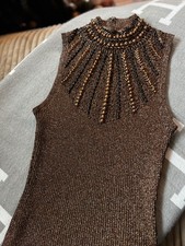 Cach  bronze lurex sleeveless top with beaded and sequined