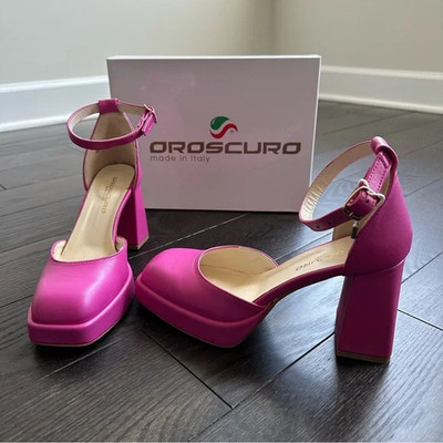 NIB Oroscuro Italian Leather Fuchsia Pink Ankle Strap Block Heel Platform Shoes