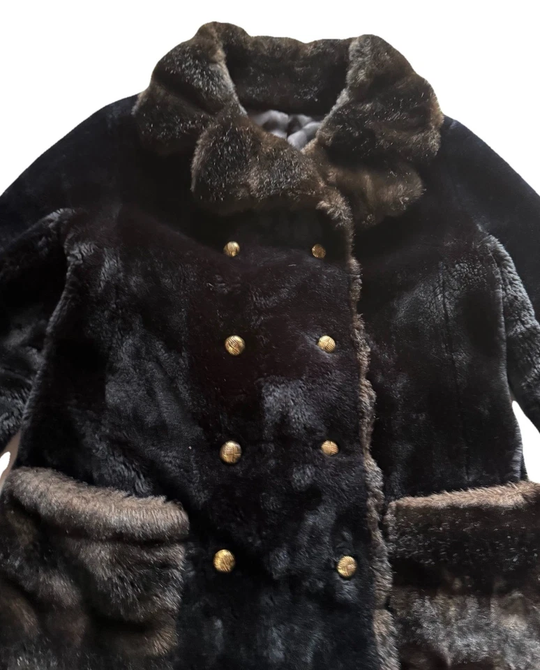60s VINTAGE Borgana Fairmoor Faux Fur Coat Black Women's Size M Brown Trim #1101 - Image 3 of 4