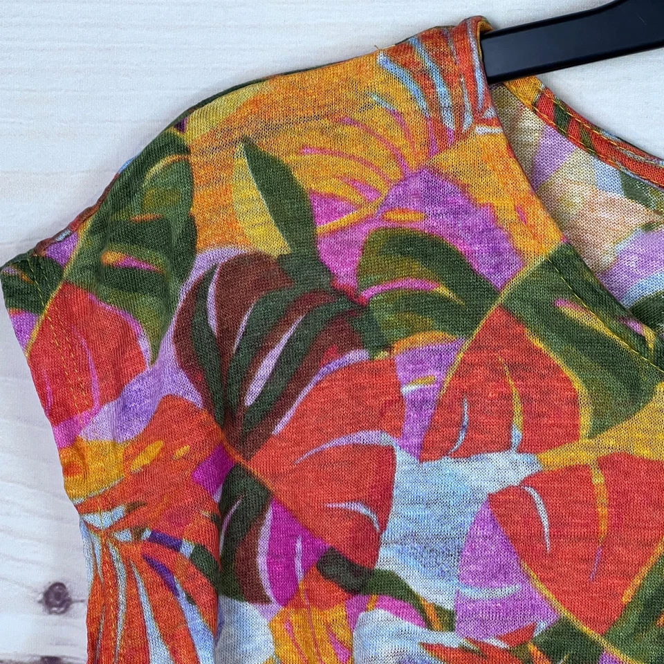 C&C California Top Mujer L Naranja Floral Camiseta Lino Tejido Colorido Pullover Foto 3 de 4