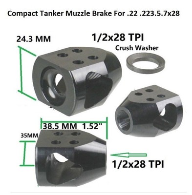 Steel Compact Tanker 1/2x28 TPI Thread Muzzle Brake For .22 .223 5.56 5.7x28