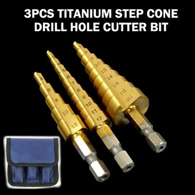 3-tlg. großer HSS Stahl Stufenkegelbohrer Titan Bit Set Lochschneider 4-12/20/32mm