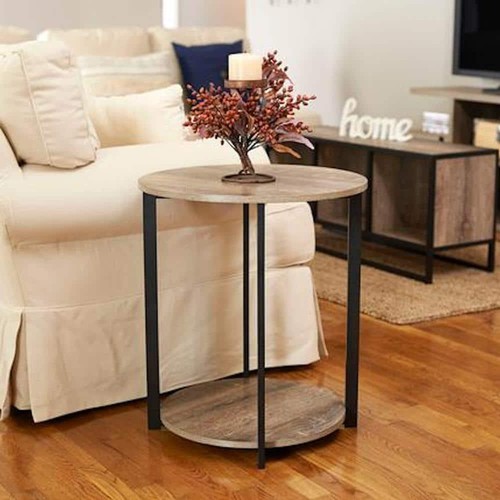 HOUSEHOLD ESSENTIALS End Table Round Gray Tone 2-Tier Metal Wood Modern Storage - Picture 7 of 11