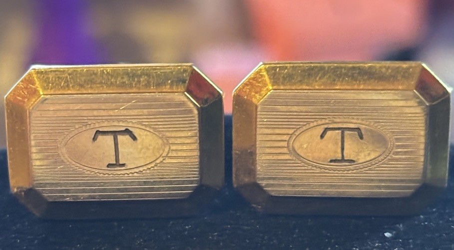 Gold Filled Monogram T Rectangular Bullet Back Me… - image 1