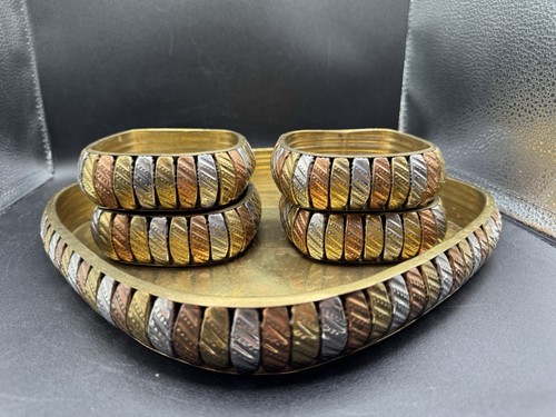 Copper Silver Brass Striped Square Tray & Four Bowls Home Decor Unique Co 5pc - Picture 15 of 21