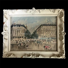 Vintage Guy de Neyrac Watercolor Painting Grand Hotel Paris Street Scene Framed