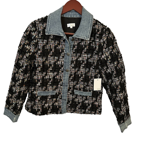 Ecru Black Multi Color Denim And Tweed Jacket Size PS Small