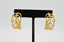 Vintage Leaf Hoop Earrings Gold Tone Curled Feather Chunky Dangle 1980s 9C