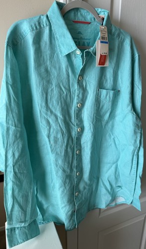 Camicia Tommy Bahama lino uomo XL blu manica lunga mare vetro breezer meridiano - Foto 3 di 8