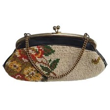 Vintage Petite Needlepoint Gold Trim Purse Floral Women's Wallet Bag 10" x 5"