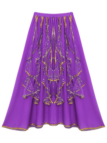 Women Girls Belly Dance Chiffon Skirt Gold Trim Sequin Long Skirt Dancewear - 第 65/84 張圖片