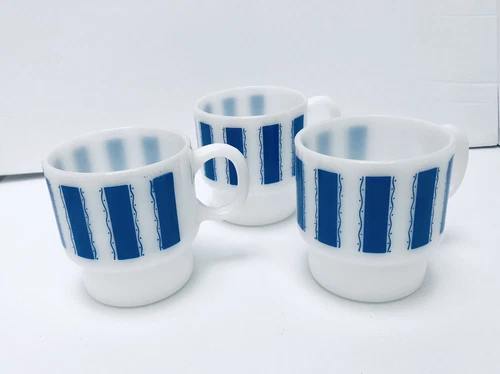 Fire King Unmarked Blue Striped Stacking Milk Glass Mugs Set 3