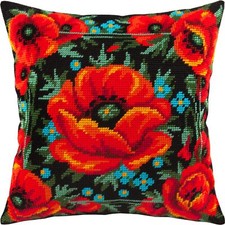 DIY Needlepoint Pillow Kit "Meadow of Poppies" 16"x16" / 40x40 cm