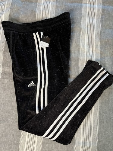 ADIDAS Girls Youth Large 14 Black Wht Stripe Velour Velvet Sweatpants Track Pant - Picture 5 of 6