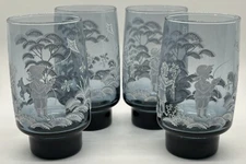 (4) VTG Mary Gregory Smokey Blue Glasses White Embossed Children Dog, Libbey