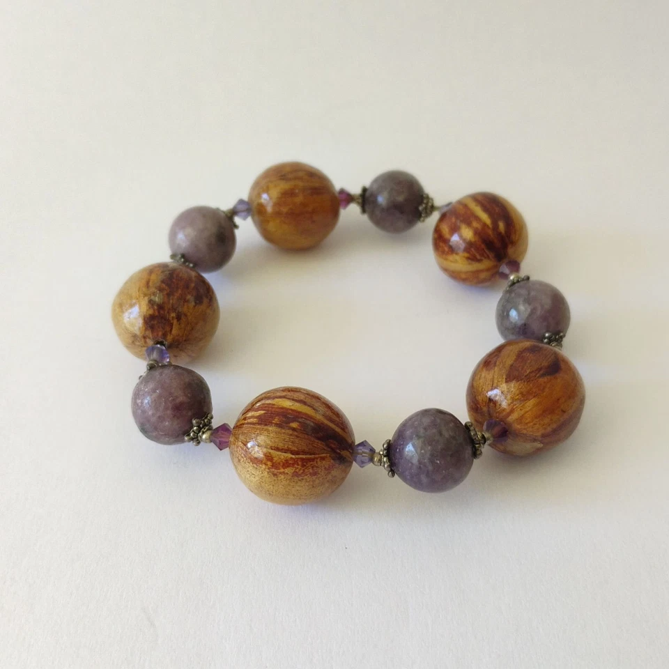 Chunky Wood Bead and Purple Quartz Stone Bead Stretch Bracelet - Image 2 of 4