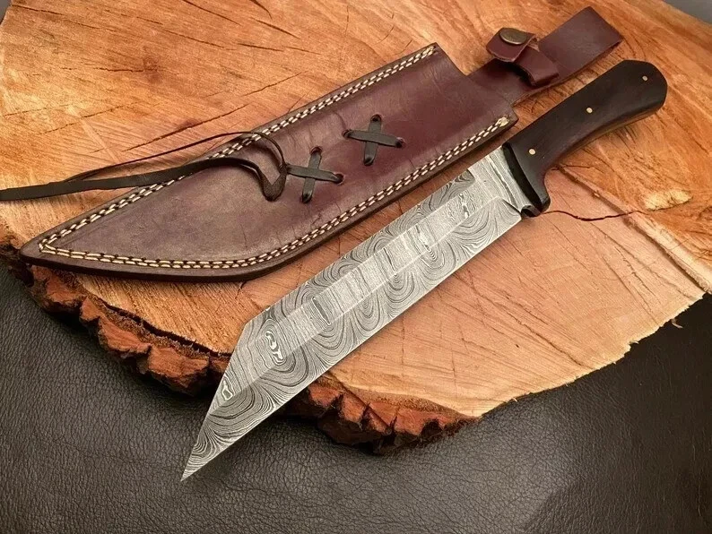 FIF CUSTOM HANDMADE DAMASCUS STEEL SEAX KNIFE IRON WOOD HANDLE WITH SHEATH