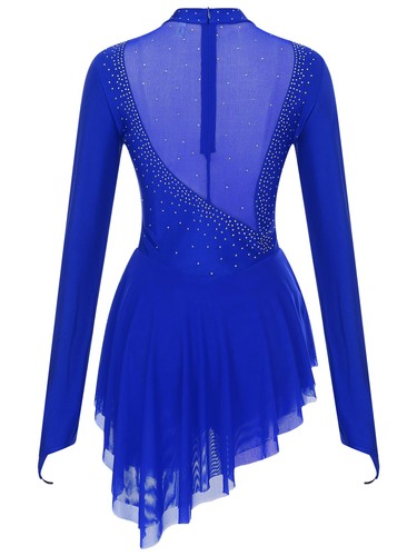 Womens Ice Skating Dress Long Sleeve Leotard Finger Holes Dresses Shiny Ladies - Picture 21 of 59