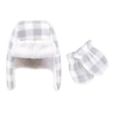 Hudson Baby Trapper Hat and Mitten Set, Gray/White Plaid