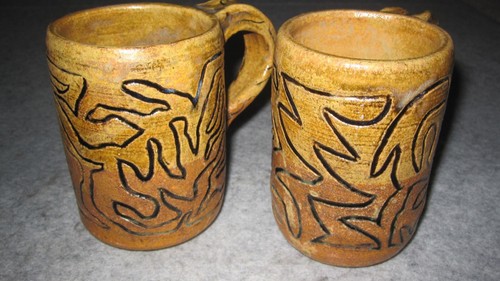 Vintage Studio Pottery Mugs Brown Ombre Textured Signed Stoneware Cups MCM Art - Picture 2 of 14