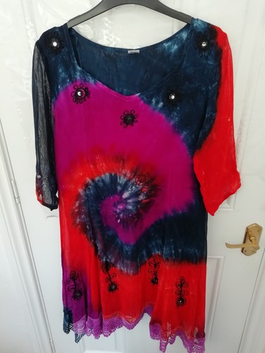 Bugs Flower Power One Size Navy Blue Purple Red Tie Dye Lagenlook Dress NEW Lace - Picture 2 of 8